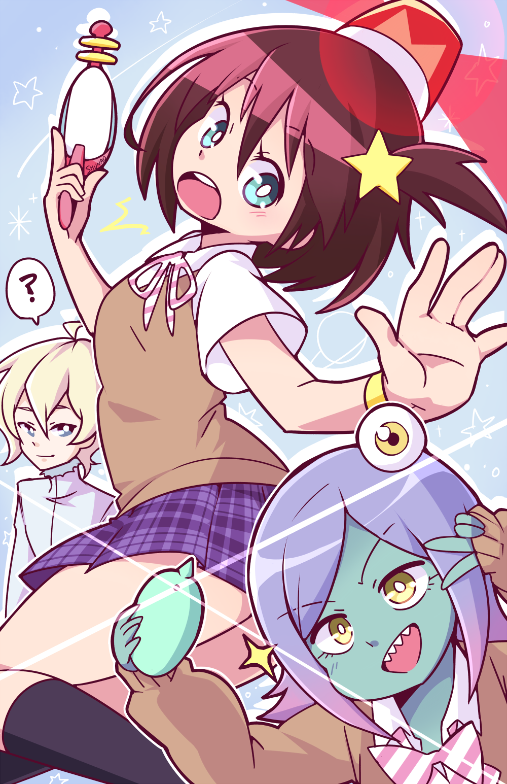 1boy 2girls ? alien alpha_omega_nova blonde_hair blue_eyes brown_hair cellphone cellphone_camera commentary energy_gun green_skin hair_ornament highres lavender_hair luluco lyn_(shunao) midori_(uchuu_patrol_luluco) multiple_girls one_side_up phone ray_gun rotating_light school_uniform self_shot short_hair uchuu_patrol_luluco v weapon