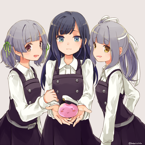 3girls :d asashio_(kantai_collection) belt black_hair blue_eyes brown_eyes collared_shirt dress dress_shirt grey_background grey_dress grey_hair hair_ribbon headband kantai_collection kasumi_(kantai_collection) kobayashi_kabura long_hair long_sleeves looking_at_viewer multiple_girls ooshio_(kantai_collection) open_mouth pinafore_dress remodel_(kantai_collection) ribbon school_uniform shirt short_twintails side_ponytail silver_hair simple_background smile twintails twitter_username white_shirt