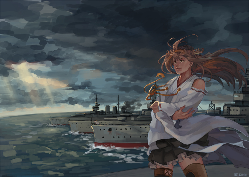 1girl bare_shoulders brown_eyes brown_hair clouds cloudy_sky detached_sleeves haruna_(kantai_collection) headgear hiei_(kantai_collection) kantai_collection kirishima_(kantai_collection) kongou_(kantai_collection) nontraditional_miko ocean pleated_skirt ribbon-trimmed_sleeves ribbon_trim ship skirt sky smile solo sunlight thigh-highs watercraft z.i