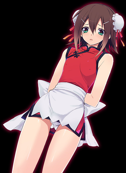 1boy apron arms_behind_back baka_to_test_to_shoukanjuu blush brown_hair bulge bun_cover china_dress chinese_clothes commentary_request double_bun dress green_eyes hair_ornament hairclip kinoshita_hideyoshi looking_at_viewer male_focus otoko_no_ko panties pantyshot pantyshot_(standing) red_ribbon ribbon short_dress short_hair sleeveless solo standing triangle_mouth underwear waist_apron white_panties yukimachi_tounosuke