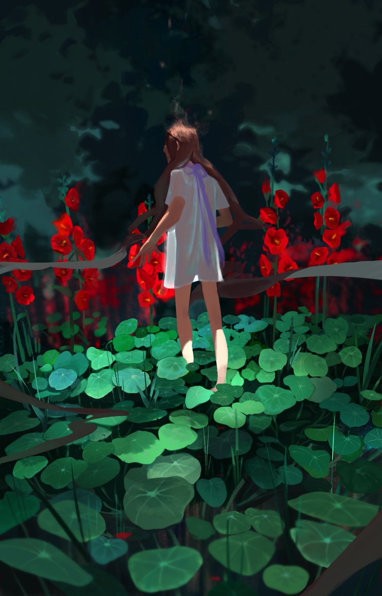1girl amei_zhao bare_legs barefoot brown_hair clouds cloudy_sky facing_away flower from_behind hollyhock lily_(flower) lily_pad long_hair naked_shirt night night_sky no_pants original plant purple_ribbon ribbon shirt sky solo walking