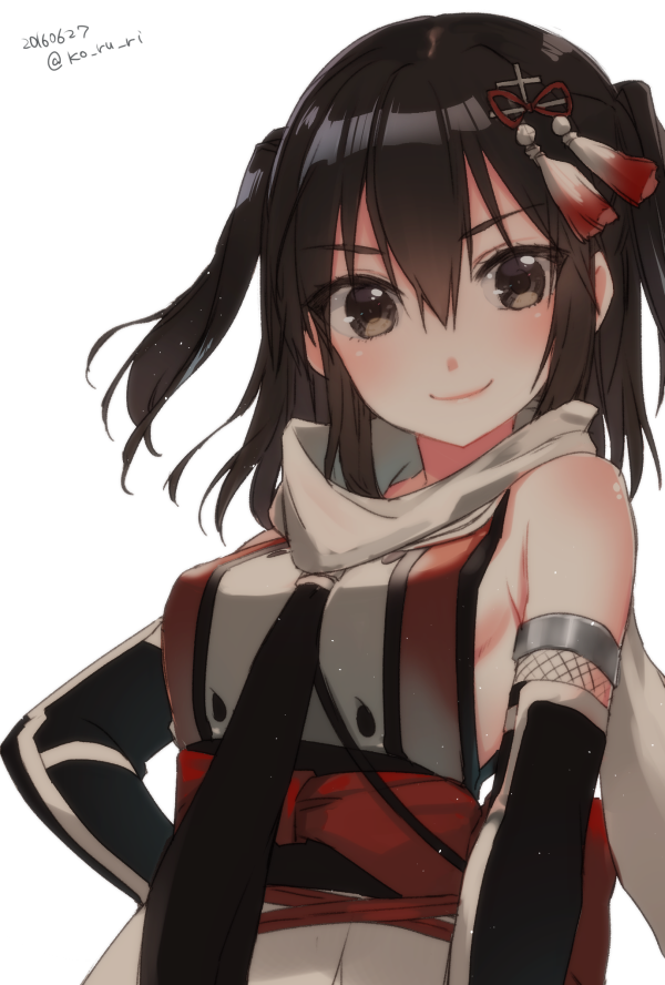 1girl 2016 artist_name black_gloves black_hair blush breasts brown_hair buttons closed_mouth dated double-breasted elbow_gloves fishnets gloves hair_between_eyes hair_ornament hairpin kantai_collection ko_ru_ri looking_at_viewer medium_breasts neckerchief pink_lips red_shirt scarf sendai_(kantai_collection) shirt short_hair short_twintails sideboob simple_background sleeveless sleeveless_shirt smile solo tassel twintails upper_body white_background white_scarf