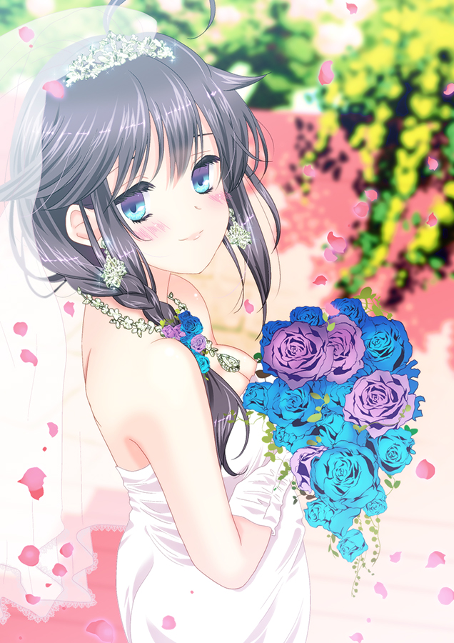 1girl bare_shoulders black_hair blue_eyes blush bouquet braid breasts bridal_veil cleavage dress earrings flower gloves jewelry kantai_collection long_hair looking_at_viewer looking_back necklace petals ringo_apple rose shigure_(kantai_collection) side_braid smile solo strapless strapless_dress veil wedding_dress white_dress white_gloves
