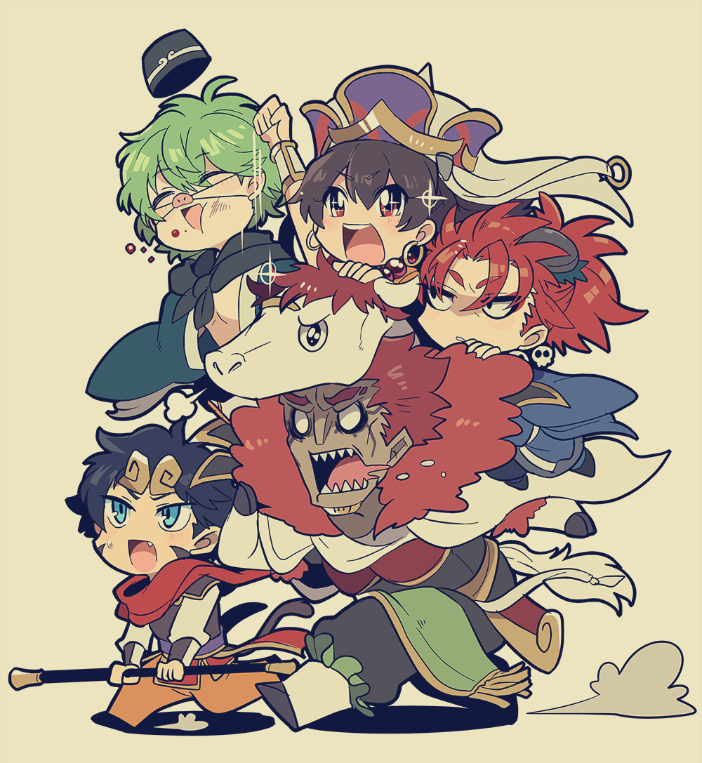 1girl 4boys armor assassin_(fate/extra) beads berserker_(fate/extra) black_hair blue_eyes brown_hair closed_eyes david_(fate/apocrypha) earrings fate/grand_order fate_(series) green_hair hat jewelry journey_to_the_west long_hair male_protagonist_(fate/grand_order) multiple_boys open_mouth ponytail prayer_beads redhead sa_nu sha_wujing_(cosplay) short_hair skull_necklace smile sun_wukong_(cosplay) xuanzang_(fate/grand_order) zhu_bajie_(cosplay)