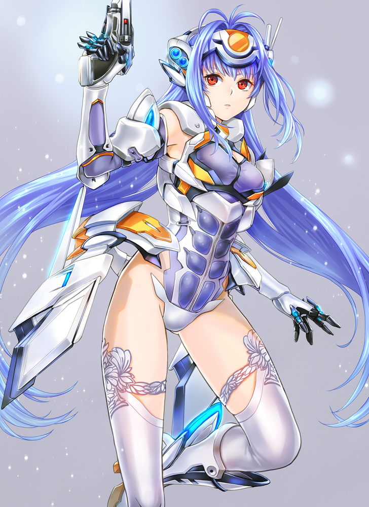 1girl android blue_hair boots closed_mouth expressionless grey_background groin gun handgun holding holding_gun holding_weapon kos-mos light_particles long_hair ohse pistol red_eyes solo thigh-highs very_long_hair weapon white_legwear xenosaga