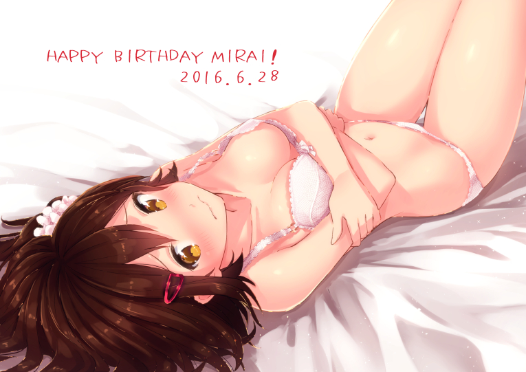1girl 2016 bikini blush breasts brown_hair cleavage crossed_arms dated hair_ornament hairclip happy_birthday idolmaster idolmaster_million_live! ima_(lm_ew) kasuga_mirai looking_at_viewer lying md5_mismatch medium_breasts navel on_back open_mouth shiny shiny_hair short_hair solo swimsuit wavy_mouth