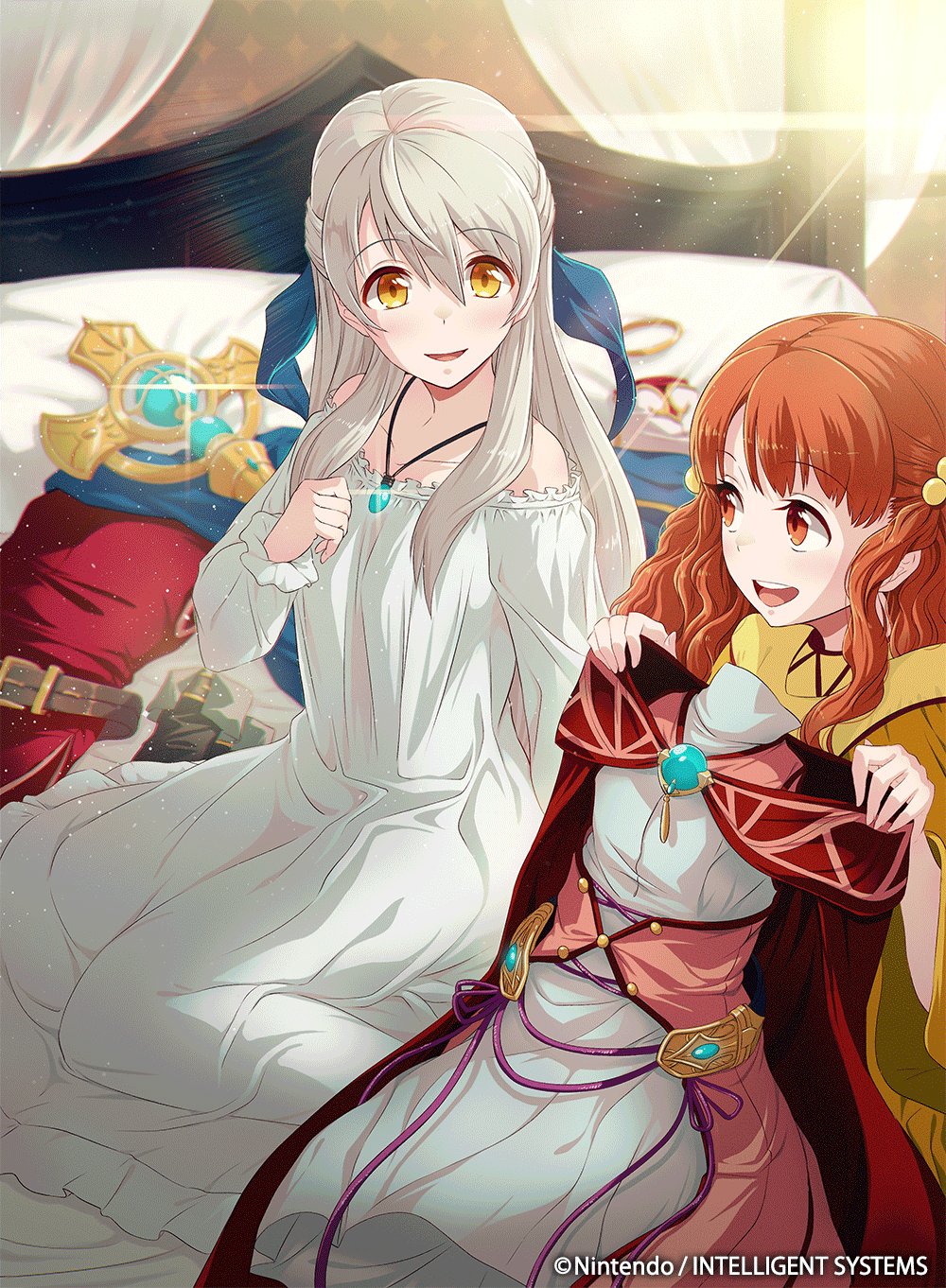 2girls 40hara :d bare_shoulders bed copyright_name dress fire_emblem fire_emblem:_akatsuki_no_megami fire_emblem_cipher hair_ribbon highres jewelry long_hair micaiah multiple_girls official_art open_mouth orange_eyes orange_hair pendant red_eyes redhead ribbon silver_hair smile white_dress yellow_eyes yune