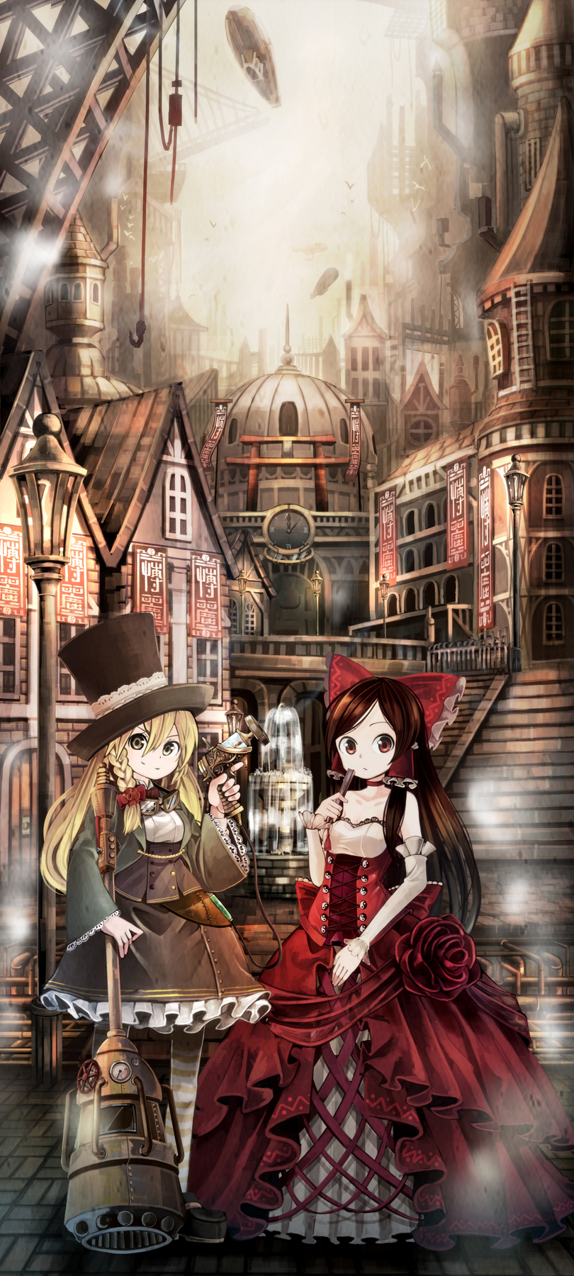 &gt;:) 2girls aioi_aoi aircraft alternate_costume analog_clock animal arch bangs banner bird black_dress black_hair black_hat black_shoes blonde_hair bow braid breasts bridge building cable chimney clock closed_mouth collared_shirt contemporary corset crane cropped_jacket cross-laced_clothes detached_sleeves dome dress fan folding_fan fountain frilled_dress frills goggles goggles_around_neck gun hair_between_eyes hair_bow hakurei_reimu hat hat_ribbon highres holding holding_broom holding_fan holding_gun holding_weapon hook kirisame_marisa lace lace-trimmed_sleeves lamppost legs_apart long_dress long_hair looking_at_viewer machinery medium_breasts multiple_girls outdoors pantyhose pavement railing red_bow red_dress red_eyes ribbon road roman_numerals rope shirt shoes sidelocks single_braid smile stairs standing steam steampunk street string striped striped_legwear swept_bangs top_hat torii touhou trigger_discipline tube very_long_hair weapon white_shirt wide_sleeves window wooden_door yellow_eyes