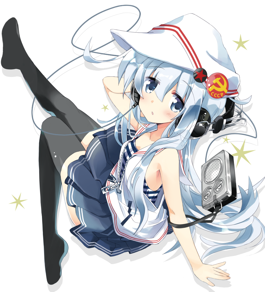 1girl blue_eyes casual flat_cap hammer_and_sickle hat headphones hibiki_(kantai_collection) hizuki_yayoi kantai_collection long_hair radio silver_hair solo thigh-highs verniy_(kantai_collection) vest zipper