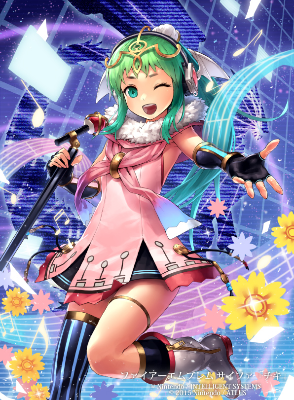 1girl chiki copyright_name dress fingerless_gloves fire_emblem_cipher gen'ei_ibunroku_sharp_fe gloves green_eyes green_hair headphones long_hair microphone mismi official_art one_eye_closed open_mouth solo