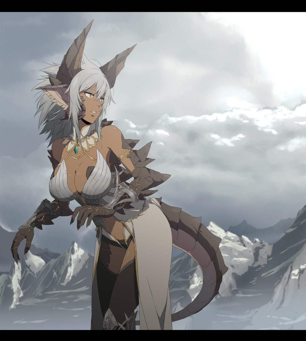 1girl bare_shoulders breasts cleavage clouds cloudy_sky danzilla dark_skin detached_collar grey_hair large_breasts leaning_forward looking_to_the_side monster_girl mountain parted_lips scales sky solo tail thigh-highs yellow_eyes