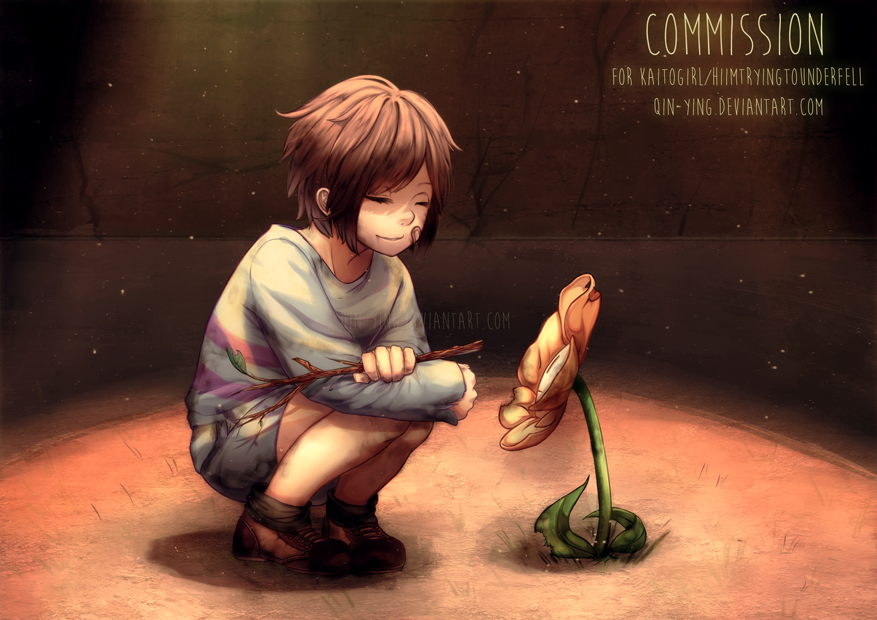 ^_^ androgynous artist_name black_legwear black_shorts brown_hair brown_shoes closed_eyes closed_mouth creature dust flower flowey_(undertale) frisk_(undertale) full_body holding leaf light_rays plant qin-ying shoes short_hair shorts sleeves_past_wrists smile sneakers socks spotlight squatting stick sweater undertale watermark web_address |_|