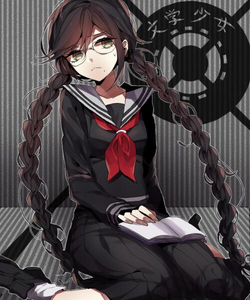 1girl arm_support bangs black_footwear black_serafuku black_skirt book book_on_lap braid brown_eyes brown_hair closed_mouth danganronpa_(series) frown fukawa_touko glasses grey_background hair_between_eyes long_hair long_sleeves looking_away monochrome_background neckerchief open_book red_neckerchief round_eyewear sailor_collar school_uniform serafuku sitting skirt sleeve_cuffs socks solo striped striped_background sweat tsurime twin_braids wariza white_sailor_collar white_socks wonoco0916