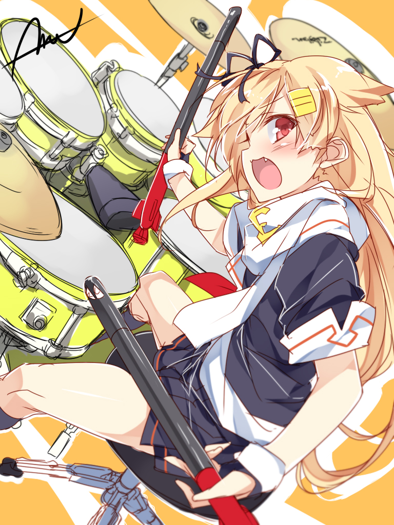 &gt;:d 1girl :d black_gloves black_serafuku black_skirt blonde_hair blush drum drum_set drumsticks dutch_angle fang fingerless_gloves from_side gloves hair_flaps hair_ornament hair_ribbon hairclip instrument k-on! kantai_collection kneehighs looking_at_viewer miniskirt mtu_(orewamuzituda) neckerchief open_mouth parody playing_instrument pleated_skirt red_eyes remodel_(kantai_collection) ribbon sailor_collar scarf school_uniform serafuku signature sitting sketch skirt smile solo torpedo white_scarf yuudachi_(kantai_collection)