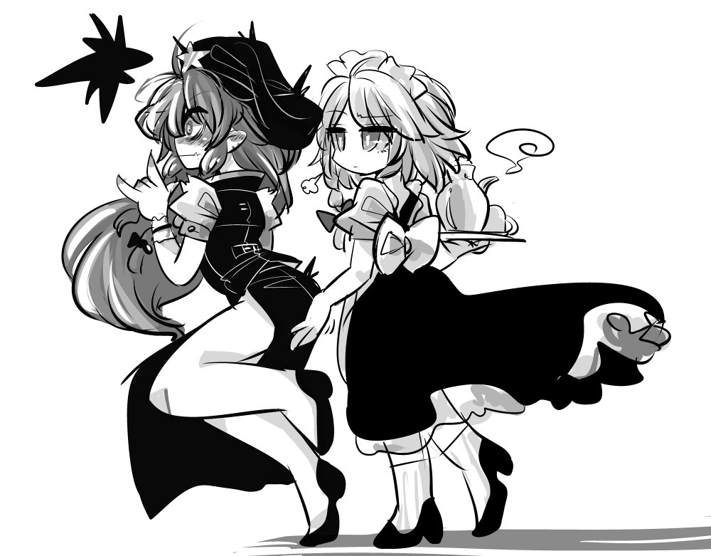 2girls ass_grab beret blush braid chinese_clothes commentary cup dress female_pervert full_body greyscale hair_between_eyes hair_ribbon hand_on_another's_ass hand_on_ass hat hong_meiling izayoi_sakuya long_dress long_hair looking_at_another maid maid_headdress monochrome multiple_girls pervert puffy_short_sleeves puffy_sleeves ribbon short_hair short_sleeves side_slit simple_background standing standing_on_one_leg surprised teacup teapot touhou tray tress_ribbon twin_braids yt_(wai-tei) yuri |w|