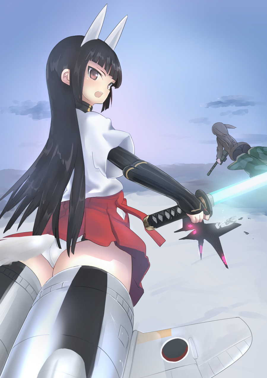 2girls anabuki_tomoko animal_ears ass black_hair damaged dog_ears elizabeth_f_beurling flying fox_ears fox_tail gloves glowing glowing_sword glowing_weapon grey_hair gun highres katana long_hair looking_at_viewer multiple_girls neuroi open_mouth panties pantyshot red_eyes strike_witches striker_unit sugisaki_tsugi sword tail underwear weapon weapon_request white_panties