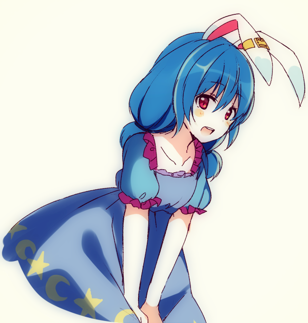 1girl animal_ears blue_dress blue_hair blush dress dress_tug frills fujishiro_emyu long_hair low_twintails open_mouth rabbit_ears red_eyes seiran_(touhou) solo touhou twintails v_arms