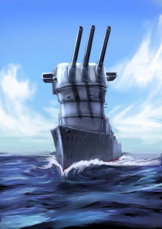 cannon clouds commentary destroyer inazuma_(destroyer) ishii_hisao kantai_collection looking_up military military_vehicle no_humans ocean pun ship sky turret warship watercraft waves
