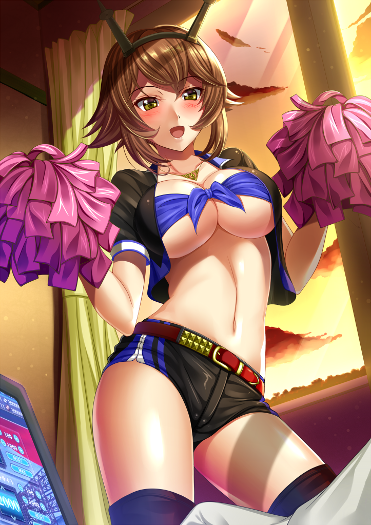 1girl :d alternate_costume bandeau bangs belt_buckle black_jacket black_legwear black_shorts blush breasts brown_hair buckle cheerleader cleavage clouds commentary cowboy_shot cropped_jacket curtains dutch_angle eyebrows eyebrows_visible_through_hair front-tie_top glass hair_between_eyes headgear holding indoors jacket jewelry kantai_collection large_breasts looking_at_viewer midriff monitor mutsu_(kantai_collection) navel necklace open_clothes open_jacket open_mouth pom_poms shade shibata_rai shiny shiny_skin short_hair short_sleeves shorts sidelocks sky smile solo stomach thigh-highs under_boob wall yellow_eyes