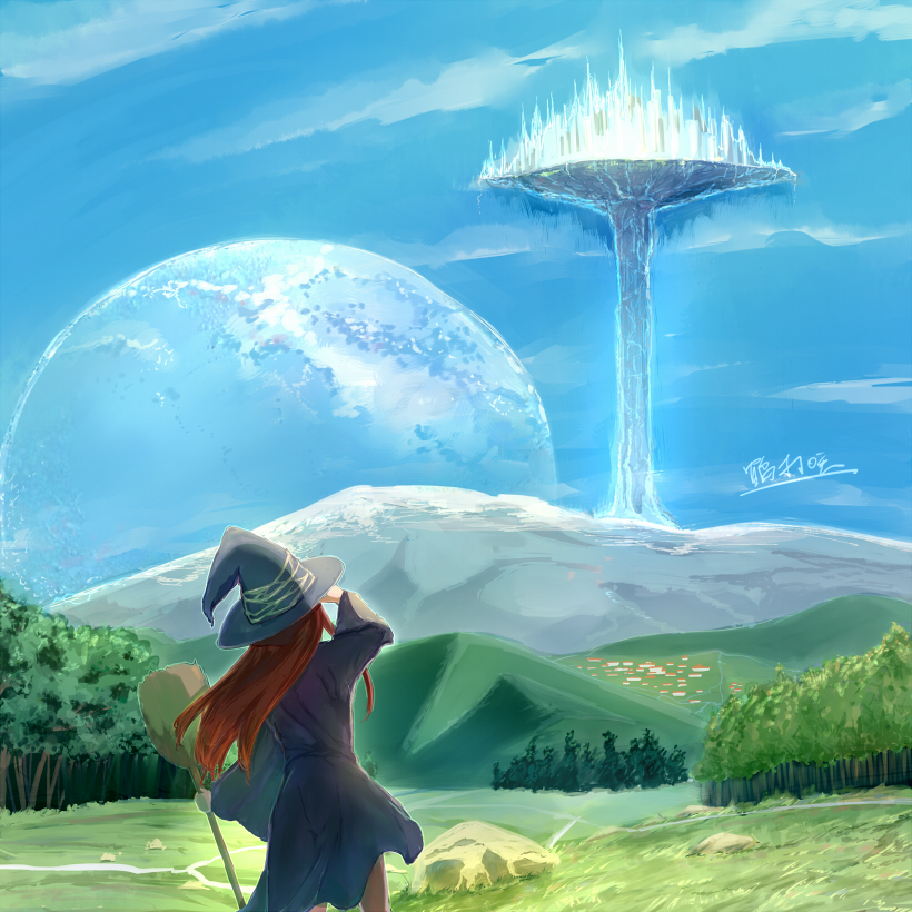 1girl artist_name broom fantasy from_behind hand_on_own_head hat hill long_hair meadow moon mountain original outdoors redhead robe rock sakitsurumura scenery signature sky solo standing tree witch witch_hat