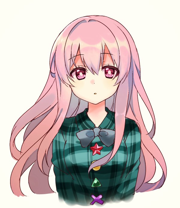 1girl expressionless fujishiro_emyu hata_no_kokoro long_hair open_mouth pink_eyes pink_hair plaid plaid_shirt shirt solo touhou