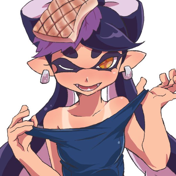 +_+ 1girl alternate_costume aori_(splatoon) bare_shoulders black_hair domino_mask earrings eyebrows fang food food_on_head hat honcha jewelry long_hair looking_at_viewer mask object_on_head one-piece_swimsuit one-piece_tan one_eye_closed open_mouth pointy_ears school_swimsuit simple_background solo splatoon strap_pull swimsuit symbol-shaped_pupils tan tanline tentacle_hair tentacles thick_eyebrows white_background