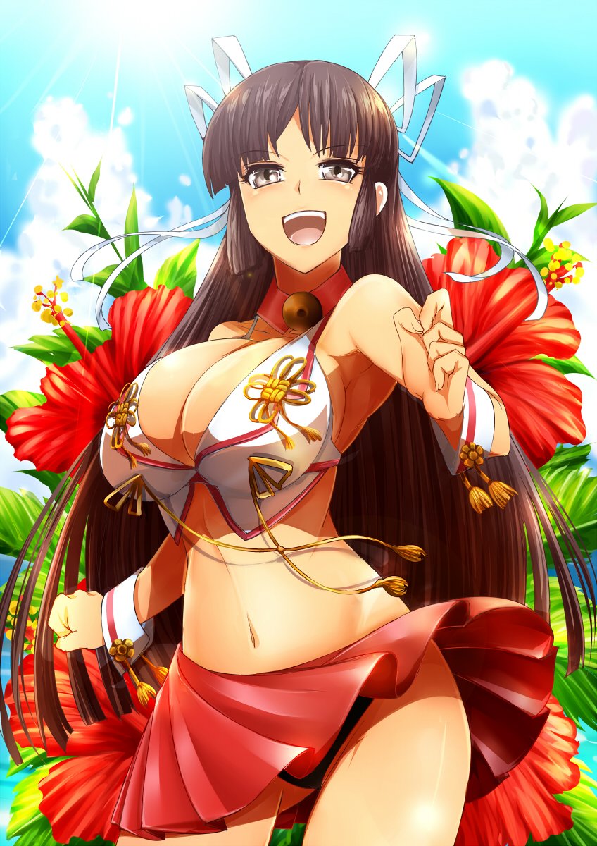 1girl adapted_costume armpits ass_visible_through_thighs backlighting bangs bell bell_choker black_eyes black_hair blue_sky blunt_bangs breasts choker cleavage clouds cowboy_shot crop_top day flower_request hair_ribbon hand_up highres hime_cut hip_bones hips hiyou_(kantai_collection) kantai_collection large_breasts long_hair looking_at_viewer makumaxu navel ocean panties red_panties red_skirt ribbon shiny shiny_skin shirt skirt sky smile solo sunlight thighs underwear very_long_hair white_shirt wrist_cuffs