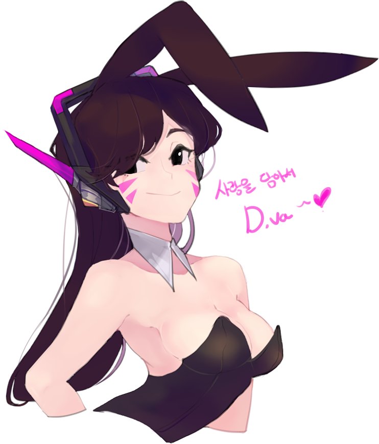 1girl animal_ears bangs bare_shoulders breasts brown_eyes brown_hair bunny_girl bunnysuit character_name cleavage cropped_arms cropped_torso d.va_(overwatch) detached_collar eyebrows eyebrows_visible_through_hair facepaint facial_mark fake_animal_ears headphones heart leotard long_hair looking_at_viewer medium_breasts overwatch parted_bangs rabbit_ears simple_background smile solo strapless strapless_leotard upper_body whisker_markings white_background