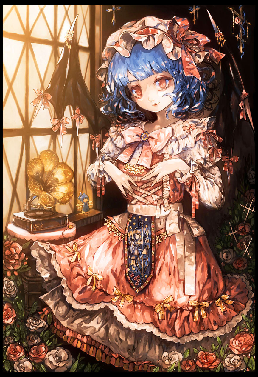 1girl adapted_costume bad_id bat_wings blue_hair border bow character_doll cirno dress embellished_costume figure flower formal frilled_dress frills hands_up hat head_tilt highres indoors looking_at_viewer majamari mob_cap no_pupils open_mouth phonograph plant record red_eyes remilia_scarlet ribbon rose smile solo sunlight touhou window wings