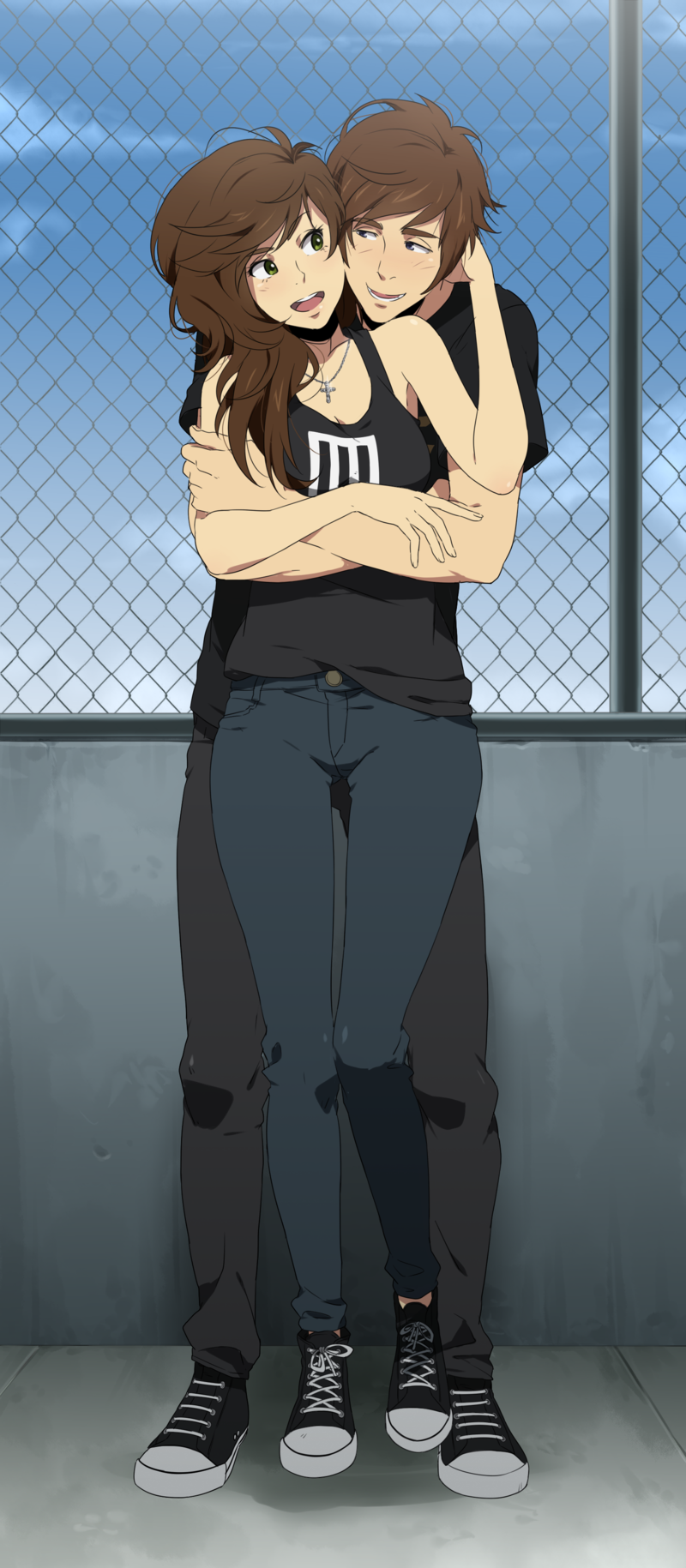 1boy 1girl :d blue_eyes blue_sky brown_hair chain-link_fence cross cross_necklace danzilla fence green_eyes highres hug hug_from_behind jewelry long_hair looking_at_another necklace open_mouth outdoors shirt short_hair sky smile t-shirt