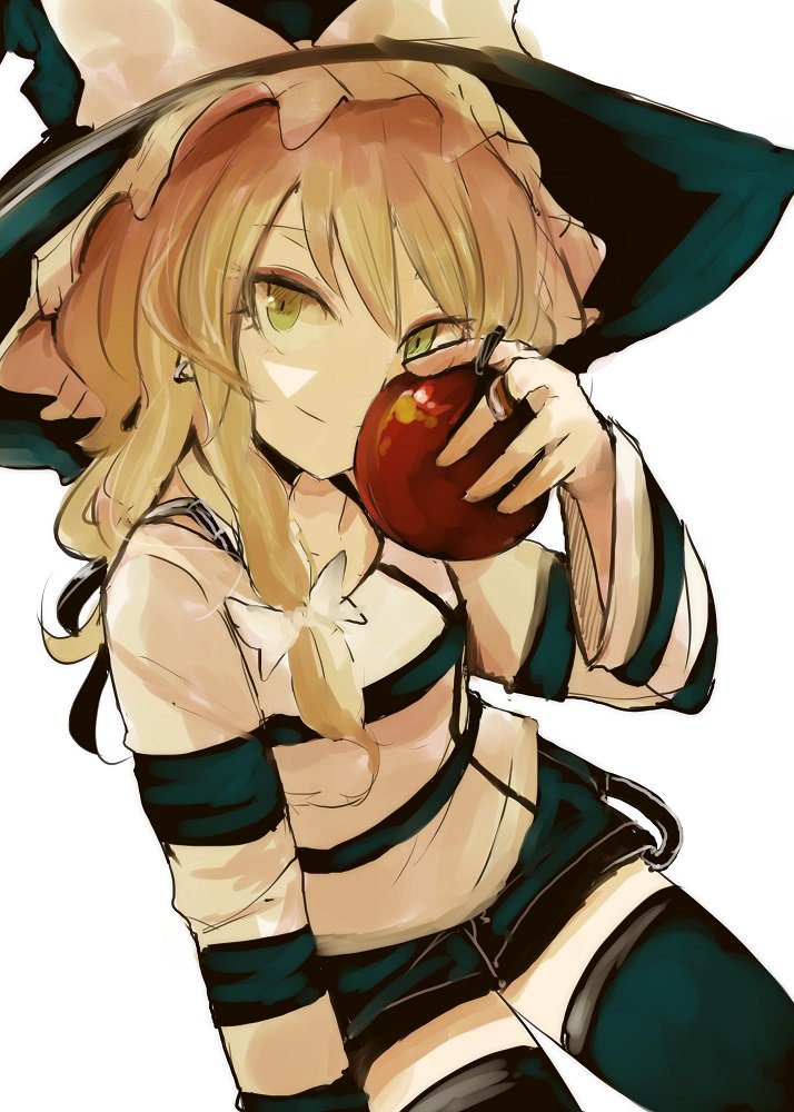 1girl alternate_color alternate_costume blonde_hair bow contemporary food fruit green_legwear hair_bow hat hat_bow holding holding_fruit jewelry kirisame_marisa long_hair long_sleeves looking_to_the_side ne_kuro ring shirt short_shorts shorts simple_background smile solo striped striped_shirt thigh-highs touhou white_background witch_hat yellow_eyes