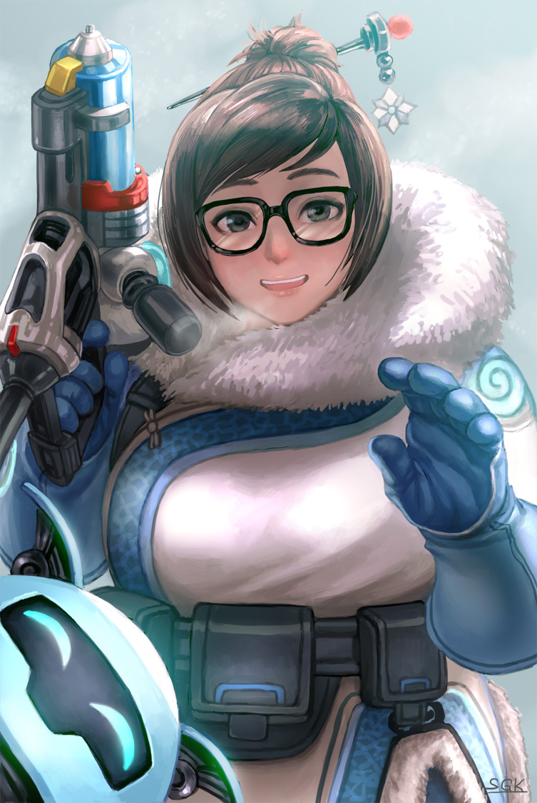 1girl beads braid breasts brown_eyes brown_hair glasses gloves goggles gun hair_ornament hair_stick large_breasts looking_at_viewer mei_(overwatch) overwatch sgk smile solo weapon