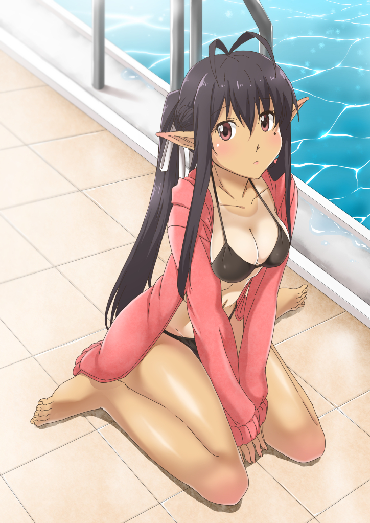1girl antenna_hair bangs barefoot between_legs bikini bikini_under_clothes black_bikini black_hair blush breasts cleavage closed_mouth collarbone eyebrows eyebrows_visible_through_hair from_above full_body hair_between_eyes hair_ornament hair_ribbon halterneck hand_between_legs hood hood_down hooded_jacket jacket jacket_over_swimsuit katori_(pso2) large_breasts long_hair long_sleeves looking_at_viewer mole mole_under_eye navel on_floor one-piece_tan open_clothes open_jacket own_hands_together phantasy_star phantasy_star_online_2 pink_jacket pointy_ears ponytail pool pool_ladder poolside red_eyes ribbon shadow shimotsuki_iko sidelocks sitting solo string_bikini swimsuit swimsuit_under_clothes tan tanline tile_floor tiles v_arms wariza water white_background white_ribbon
