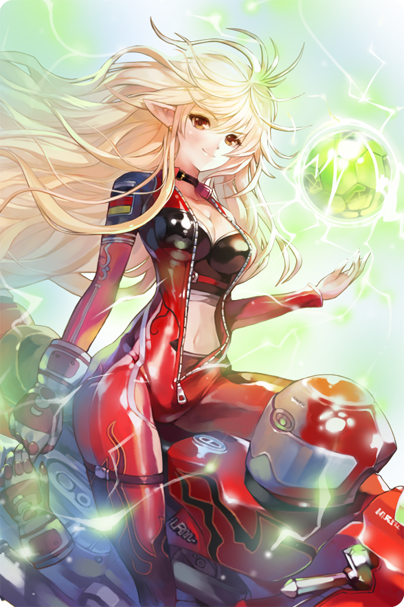 1girl alternate_costume artist_request ball blonde_hair brown_eyes choker earrings enthia_(soccer_spirits) glove_removed gloves ground_vehicle headwear_removed helmet helmet_removed jewelry long_hair looking_at_viewer midriff motor_vehicle motorcycle navel pointy_ears red_gloves soccer_ball soccer_spirits solo zipper