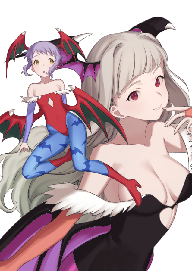 2girls :o alternate_costume bangs bare_shoulders bat_print bat_wings black_wings blue_legwear boots breasts bridal_gauntlets cleavage closed_mouth collarbone cosplay finger_to_mouth flat_chest head_wings heart_cutout idolmaster idolmaster_million_live! large_breasts leotard lilith_aensland lilith_aensland_(cosplay) long_hair looking_at_viewer low_wings makabe_mizuki mimizubare morrigan_aensland morrigan_aensland_(cosplay) multiple_girls multiple_wings pantyhose print_legwear projected_inset purple_hair red_boots red_eyes red_leotard shijou_takane short_hair sidelocks silver_hair smile strapless strapless_leotard vampire_(game) white_background wings yellow_eyes