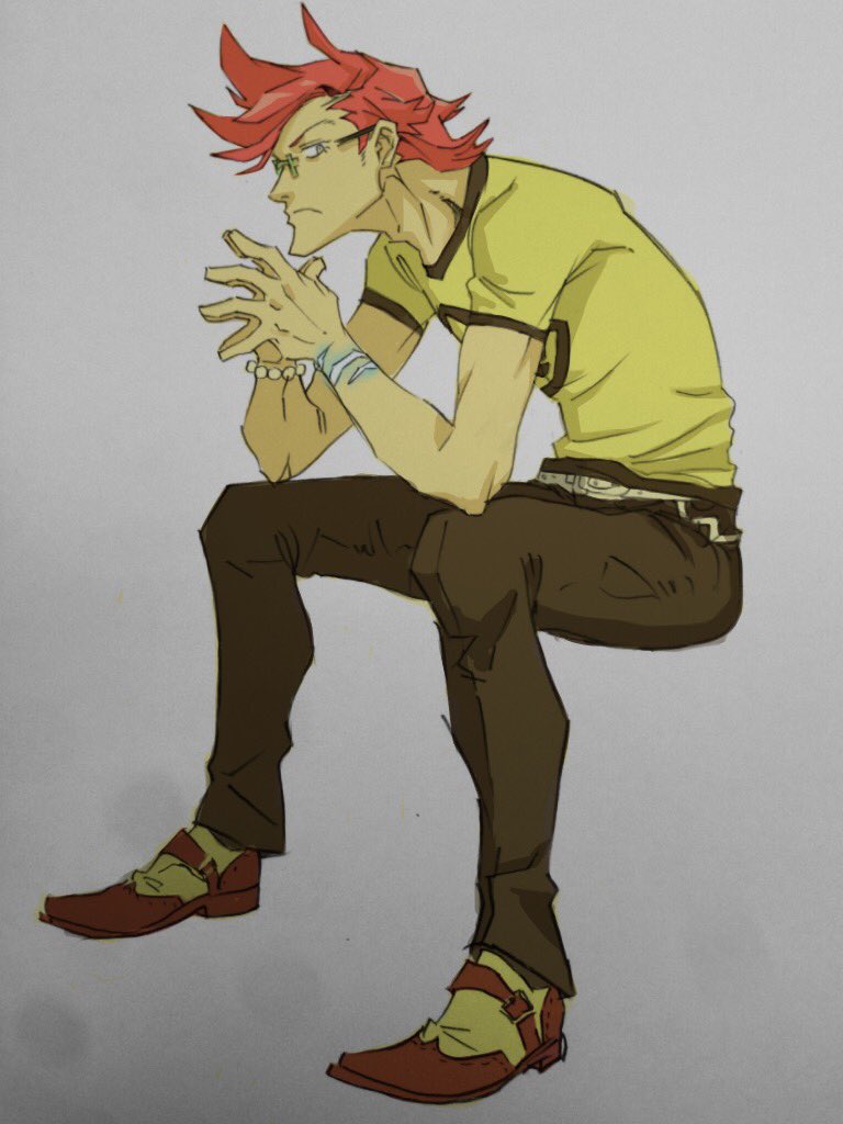 1boy arai_hiroki bracelet fingers_together glasses glowing green-framed_eyewear grey_background hunched_over jewelry kiznaiver leaning_forward looking_at_viewer male_focus pink_hair profile scar simple_background sitting solo spiky_hair tenga_hajime