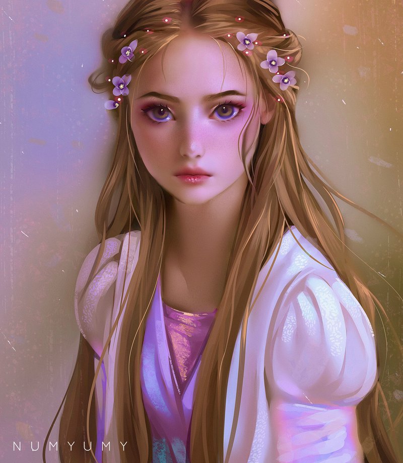 1girl alternate_hairstyle artist_name blonde_hair brown_background brown_eyes closed_mouth dress expressionless eyeshadow flower hair_flower hair_ornament juliet_sleeves long_hair long_sleeves looking_at_viewer makeup numyumy portrait puffy_sleeves purple_flower rapunzel rapunzel_(disney) red_lips sidelocks simple_background solo upper_body very_long_hair white_dress