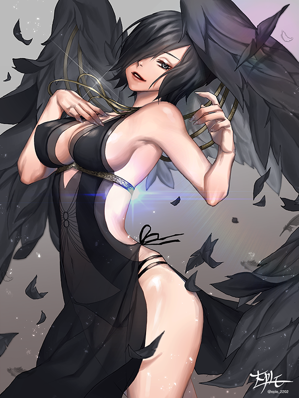 1girl armpits artist_name bare_arms bare_shoulders black black_dress black_feathers black_hair black_panties black_wings breasts cleavage covered_navel cowboy_shot dress eple feathered_wings fingernails from_side green_eyes hair_over_one_eye head_tilt large_breasts long_fingernails looking_at_viewer nail_polish no_bra original panties parted_lips red_lips see-through shiny shiny_skin short_hair sideboob signature silver_nails solo standing underwear wings