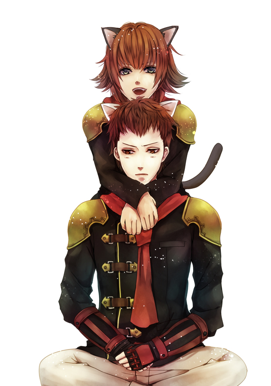 1boy 1girl animal_ears brown_hair cat_ears cat_tail cater_(fft-0) eight_(fft-0) final_fantasy final_fantasy_type-0 fingerless_gloves gloves green_eyes open_mouth orange_eyes sakuyu simple_background sitting tail teeth white_background