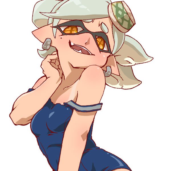 +_+ 1girl alternate_costume bare_shoulders blush collarbone domino_mask earrings eyebrows fang food food_on_head hat honcha hotaru_(splatoon) jewelry looking_at_viewer mask mole mole_under_eye object_on_head one-piece_swimsuit one-piece_tan open_mouth pointy_ears school_swimsuit short_hair silver_hair simple_background solo splatoon strap_slip swimsuit symbol-shaped_pupils tan tanline tentacle_hair tentacles thick_eyebrows white_background