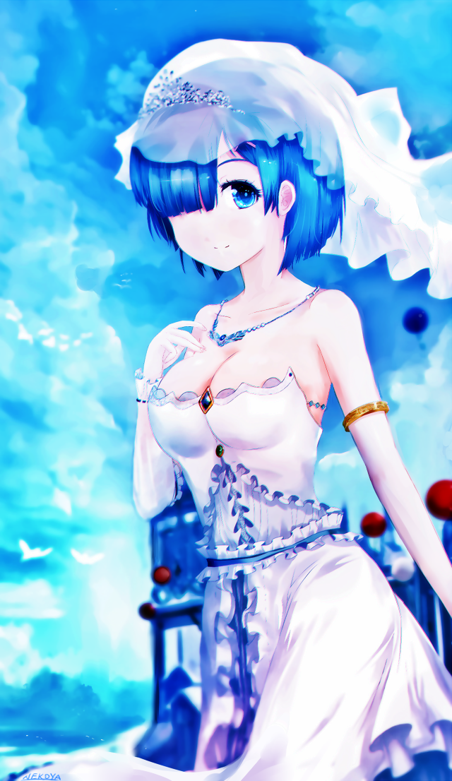 1girl alternate_costume artist_name bad_id bird blue_eyes blue_hair breasts bridal_veil cleavage clouds cloudy_sky cowboy_shot dress dyolf elbow_gloves frilled_dress frills gem gloves hair_over_one_eye hand_on_own_chest jewelry looking_at_viewer medium_breasts necklace outdoors re:zero_kara_hajimeru_isekai_seikatsu rem_(re:zero) short_hair sky smile solo strapless strapless_dress veil wedding_dress white_dress white_gloves