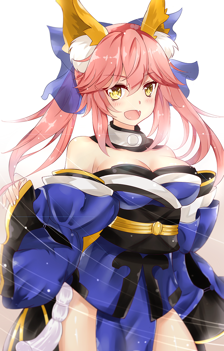 1girl animal_ears blue_legwear blush breasts caster_(fate/extra) cleavage detached_sleeves fang fate/extra fate_(series) fox_ears fox_tail hair_ribbon highres japanese_clothes large_breasts looking_at_viewer open_mouth pink_hair ribbon sin-poi solo tail yellow_eyes