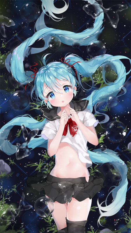 1girl :o afloat alternate_costume aqua_hair black_legwear black_skirt blouse blue_eyes blush bow bowtie bubble fish floating_hair goldfish groin hatsune_miku head_tilt index_finger_raised li.b_(liebenib) long_hair looking_at_viewer md5_mismatch midriff miniskirt navel night night_sky plant pleated_skirt red_bow red_bowtie red_ribbon reflection ribbon school_uniform serafuku shirt_lift short_sleeves skirt skirt_lift sky solo star_(sky) stomach thigh-highs transparent very_long_hair vocaloid wakamezake water