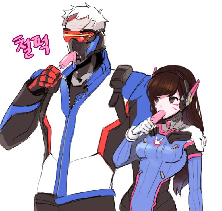 1boy 1girl bodysuit breasts brown_eyes brown_hair bunny_print covered_mouth cowboy_shot d.va_(overwatch) eating face_mask facepaint facial_mark food gloves headphones height_difference high_collar holding ice_cream jacket long_hair long_sleeves mask medium_breasts mouth_hold overwatch pants pauldrons pilot_suit popsicle rabbit red_gloves scar short_hair shoulder_pads simple_background soldier:_76_(overwatch) turtleneck visor whisker_markings white_background white_gloves white_hair you're_doing_it_wrong