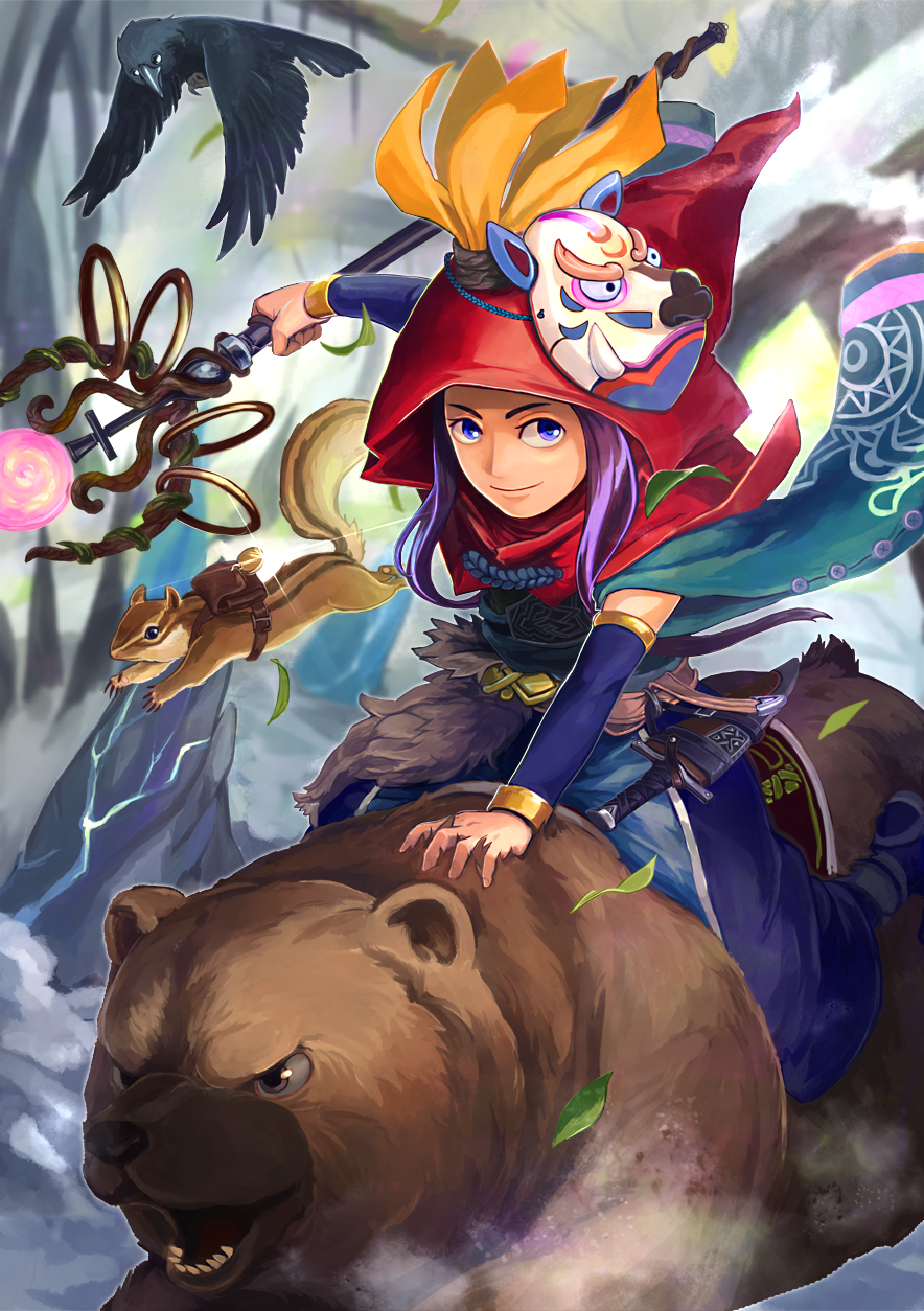 1girl arm_warmers bear belt bird blue_eyes blue_shoes blurry_background chain_chronicle crow highres holding_staff hood knife leaf looking_at_viewer mask mask_removed open_mouth original outdoors purple_hair red_hood riding sheath sheathed shoes solo squirrel staff stone syuma_i