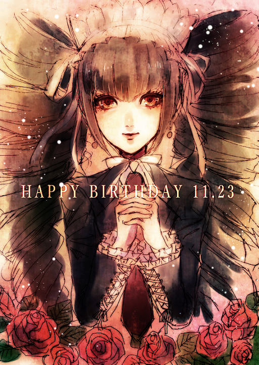 1girl bangs black_hair bonnet celestia_ludenberck dangan_ronpa dangan_ronpa_1 drill_hair flower frills gothic_lolita hands_together happy_birthday lolita_fashion long_hair looking_at_viewer necktie red_eyes red_rose rose smile solo twin_drills twintails z-epto_(chat-noir86)