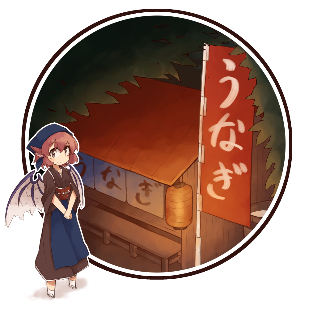 1girl apron bandana bird_ears bird_wings brown_eyes food_stand japanese_clothes kaginoni kimono mystia_lorelei okamisty pink_hair solo touhou wings yatai