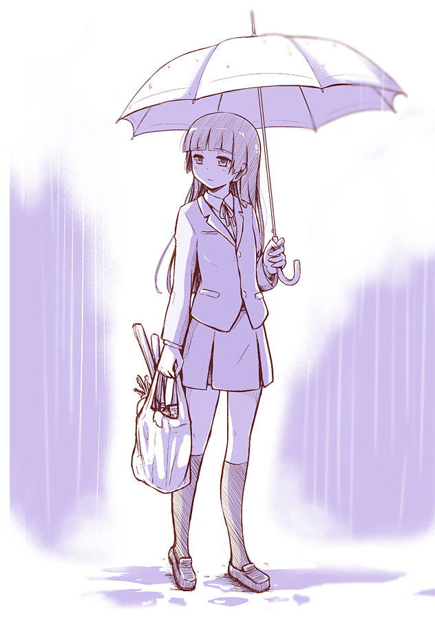 1girl bag gokou_ruri groceries herunin long_hair monochrome ore_no_imouto_ga_konna_ni_kawaii_wake_ga_nai plastic_bag rain school_uniform solo umbrella
