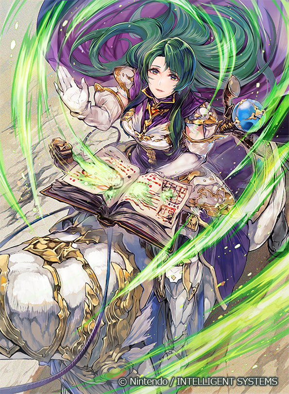1girl armor armored_boots book boots cape cecilia_(fire_emblem) copyright_name feathers fire_emblem fire_emblem:_fuuin_no_tsurugi fire_emblem_cipher gloves green_hair horse long_hair magic official_art solo staff yellow_eyes