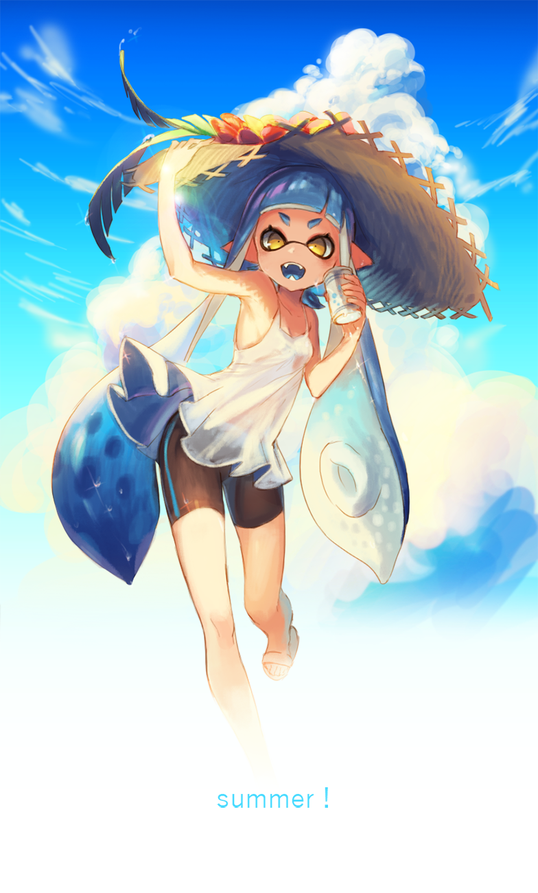 1girl 4th :d bike_shorts blue_hair clouds domino_mask dress fangs hat highres inkling looking_at_viewer mask open_mouth pointy_ears sandals sky smile soda_can solo splatoon straw_hat sundress tentacle_hair yellow_eyes